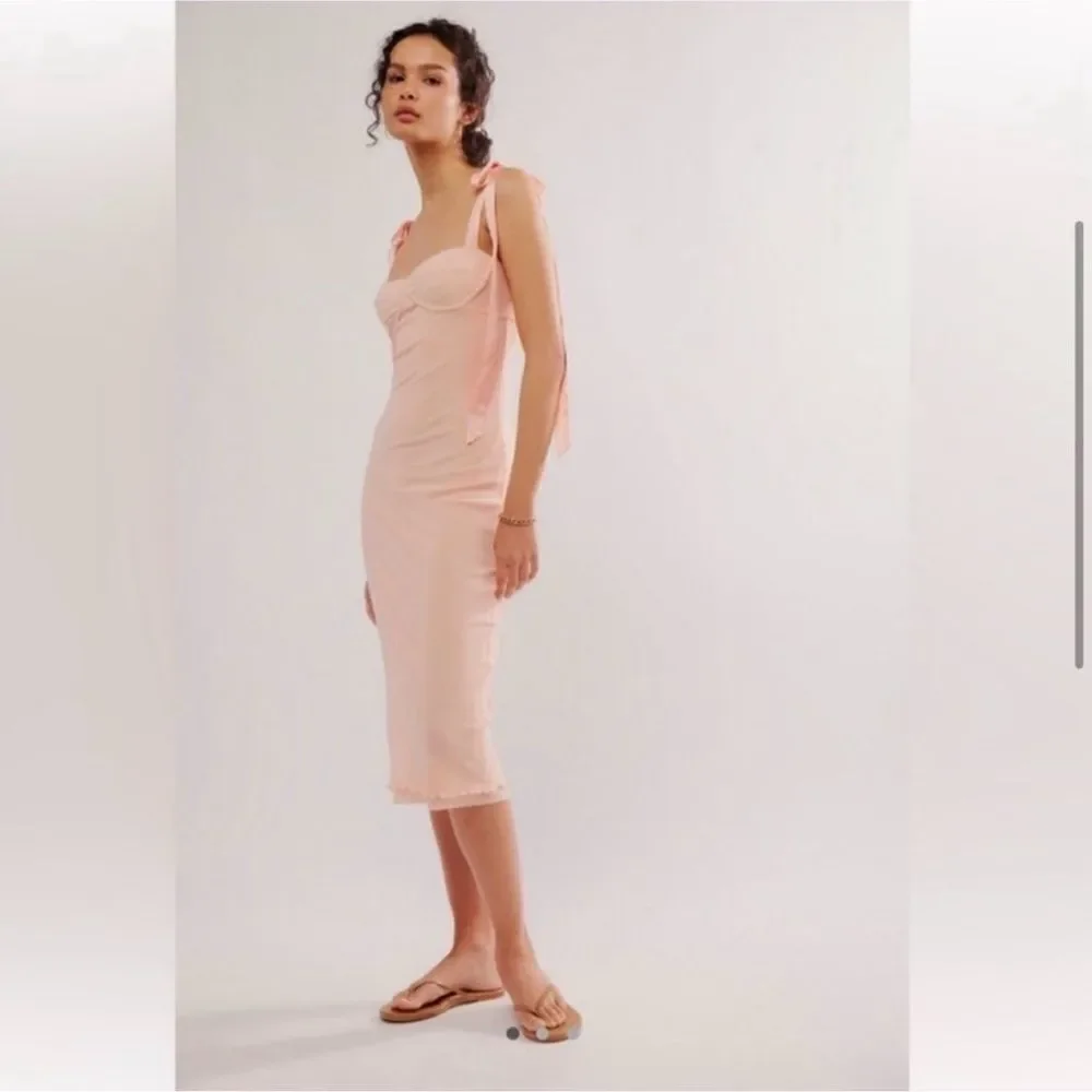 FREE PEOPLE Got Glam Mesh Tie Shoulder Slip Dress in Pink Salt